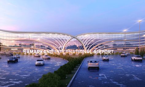 Samarkand International Airport celebrates opening of modern terminal Airport Facade Design, International Airport Design, Modern Airport Design, Seaport Architecture, Modern Airport, Budapest Airport, Dubai International Airport, Commercial And Office Architecture, Airport Terminal