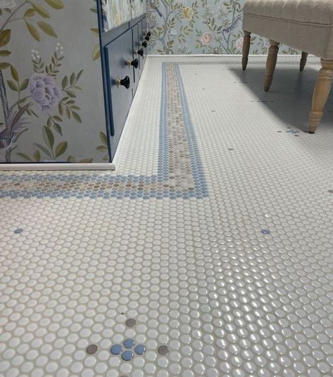 Mosaic penny round floor featuring blue, taupe and white tiles. Penny Tile Bathroom Floor, Penny Tiles Bathroom, Penny Tile Floors, Beautiful Tile Floor, White Mosaic Tiles, Bathroom Floors, Penny Tile, Penny Round, Blue Tile