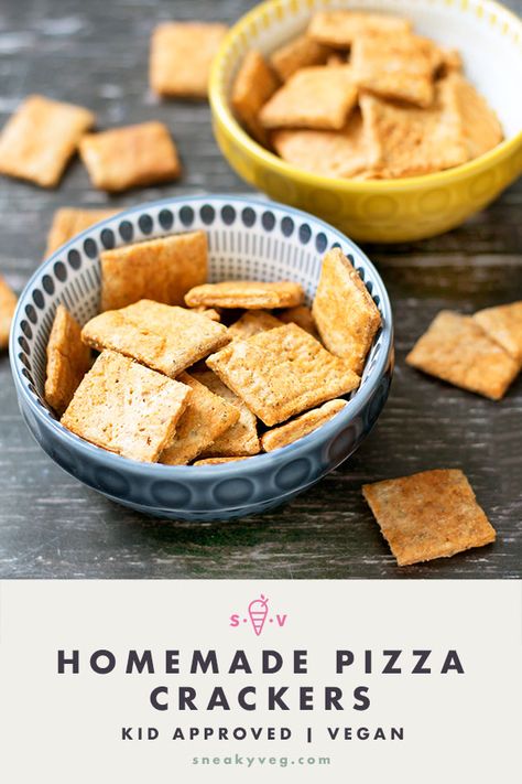 Deliciously crunchy pizza crackers that are great for snacks, lunch boxes and birthday parties. Gobbled up by kids and adults alike and suitable for vegans. #pizzacrackers #snacks #healthysnacks #lunchbox #vegan #vegetarian #healthykidsfood Pizza Crackers, Vegetarian Kids, Vegan Lunch Box, Healthy Party Food, Homemade Crackers, Making Homemade Pizza, Lunch Box Snacks, Healthy Vegan Snacks, Homemade Baby Foods