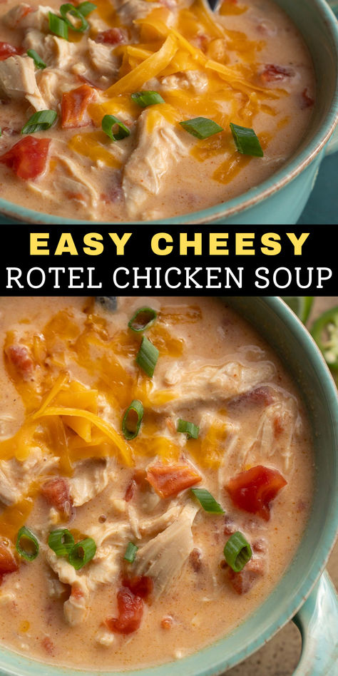 Cheesy Rotel Chicken Soup in a turquoise bowl Weight Watchers Cheesy Rotel Soup, We Cheesy Rotel Soup, Cheesy Rotel Soup, Ww Cheesy Rotel Soup, Cheesy Rotel Chicken Soup, Chicken Rotel Soup, Canned Chicken Soup Recipes, Rotel Soup, Cheesy Chicken Soup