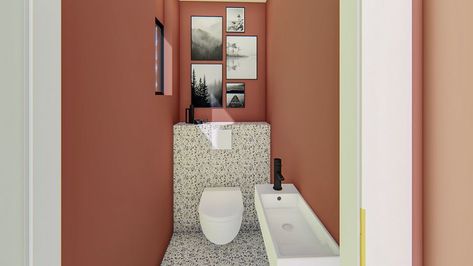 carrelage terrazzo et peinture terracotta pour un wc chaleureux et déco Wc Terrazzo, Small Toilet Design, Small Toilet, Toilet Room, Toilet Design, Downstairs Bathroom, Studio Decor, Strasbourg, Alsace