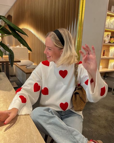 Kristin K. | wont stop wearing this sweater ❤️ | Instagram Red Heart Sweater, Knitted Heart, Embroidery Top, Heart Sweater, White Heart, Fashion Story, Casual Streetwear, Printed Sweater, Red Sweaters