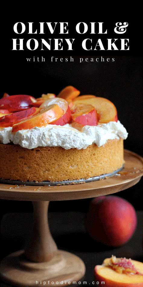 Olive Oil Honey Cake with Fresh Peaches. Olive Oil Honey Cake with fresh whipped cream, sliced peaches and lightly drizzled with honey! #oliveoilcake #peaches #peachesandcream #summerdessert #honeycake #cake Olive Oil Cake With Frosting, Whipped Olive Oil, Not Too Sweet Cake, Fresh Peach Cake, Olive Oil Cakes, Oil Cake Recipe, Cake Whipped Cream, Chocolate Olive Oil Cake, Olive Oil Cake Recipe