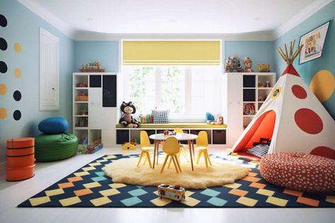 Blue Green Playroom, Playroom Paint Ideas Color Inspiration, Playroom Wall Color Ideas, Playroom Wall Colors, Kids Corner Ideas, Playroom Paint Ideas, Playroom Themes, Small Kids Playroom Ideas, Playroom Color Scheme