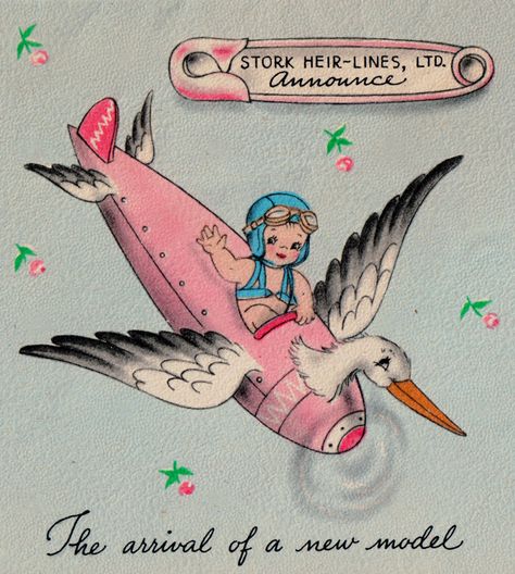 1940's vintage baby announcement.  Baby flies stork airplane. New Baby Girl Names, Baby Memorial Tattoos, Retro Baby Showers, Stork Baby Showers, Vintage Baby Shower, Flower Illustrations, Trendy Baby Nursery