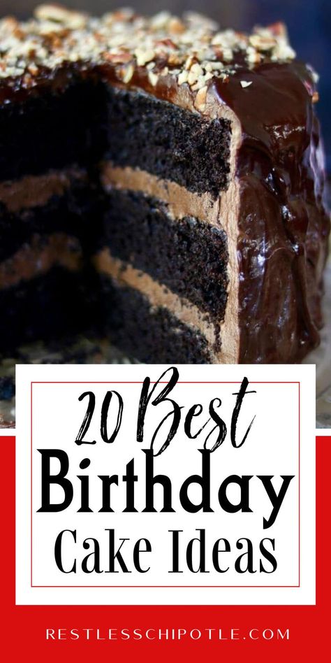 Homemade birthday cakes from scratch are easy to make with these great tips and ideas! Choose from 20 different cakes; chocolate, lemon, yellow, and even spice cake! Layers and sheet cakes included. You'll find something for everyone from your teen to your best friend! Chocolate Cake Combination Ideas, Birthday Cake Recipes For Men, Best Homemade Birthday Cake Recipes, 3 Tier Birthday Cake Ideas, Male Birthday Cake Design, Birthday Cakes For Men Easy, Best Birthday Cake Recipe Homemade, Fancy Bday Cakes, Chocolate Layer Cake Decorating Ideas