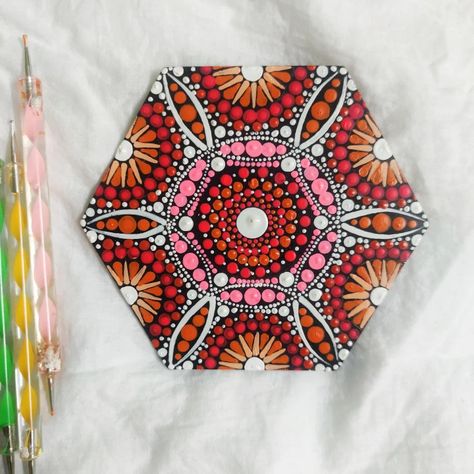 Orange and pink mandala on hexagonal MDF base Hexagon Dot Mandala, Hexagon Mandala, Dot Mandalas, Mandala Jewelry, Mandala Dots, Orange And Pink, Mandala Drawing, Dot Painting, Dots Art