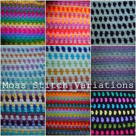 Suz Place: MOSS STITCH PATTERN VARIATIONS Crochet Moss, Crochet School, Moss Stitch Pattern, Mosaic Knitting, Crocheted Afghans, Moss Stitch, Crochet Motifs, Crochet Stitches Tutorial, Crochet Stitches Patterns