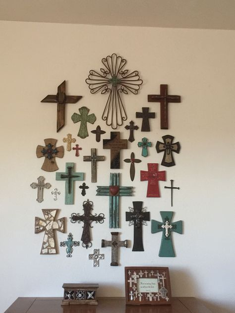 Cross On Wall Decor Ideas, Crosses For Wall Decor, Wall Of Crosses Ideas, Wall Of Crosses, Hanging Crosses On Wall Ideas, Cross Wall, Cross Collection Wall Ideas, Decorative Crosses Wall, Cross Room Decor