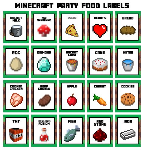 Minecraft Party Food Ideas, Minecraft Food Printables Free, Minecraft Food Labels Free, Minecraft Food Printables, Minecraft Food Tent Cards, Minecraft Birthday Theme, Minecraft Birthday Party Food, Minecraft Food Tents, Minecraft Food Cards