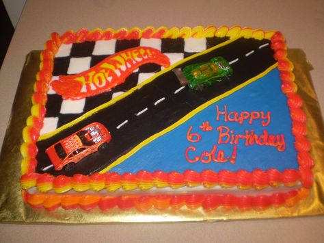 Birthday White Cake, Cool Hot Wheels, Sheet Cake Ideas, Hot Wheels Themed Birthday Party, Hot Wheels Cake, Bc Logo, Truck Birthday Cakes, Blaze Birthday, Wheel Cake