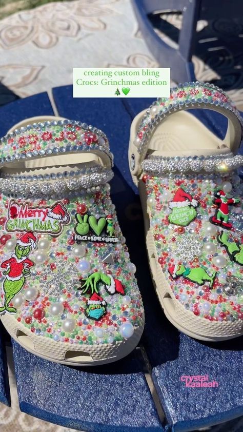 A Taste of Luxury on Reels | Thurl Ravenscroft · You're A Mean One, Mr. Grinch Crocs Custom, Croc Ideas, Designer Crocs, Christmas Porches, Croc Decorations, Bedazzled Shoes Diy, Bling Crocs, Bedazzled Shoes, Diy Bling