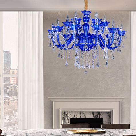 European Style Crystal Chandelier Blue Crystal Glass Pendant Light Living Room Bedroom Chandelier Blue, Light Living Room, Luxe Interiors, Dream Room Inspiration, Chandelier In Living Room, Glass Pendant Light, Chandelier Pendant Lights, Living Room Lighting, European Style