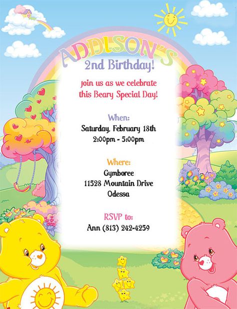 Care bear invitation idea Care Bears Birthday Party, Bear Template, Care Bear Party, Care Bear Birthday, Bear Baby Shower Theme, Baby Birthday Themes, Baby Shower Theme Decorations, Bear Invitations, 1st Birthday Themes