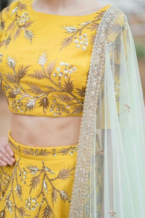 Mustard Yellow Lehenga, Blue Dupatta, Blouse Tops Designs, Designer Bridal Lehenga Choli, Haldi Outfit, Indian Outfits Lehenga, Yellow Lehenga, Lehnga Dress, Lehenga Blouse Designs