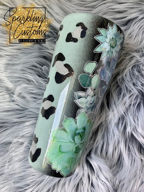 Plant Tumbler Ideas, Succulent Tumbler, Cheetah Print Tumbler, Vacation Tumbler, Glitter Tumbler Cups, Sublimation Ideas, Glitter Tumblers, Custom Tumbler Cups, Tumbler Cups Diy