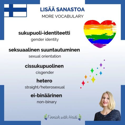 Happy Pride week! 🌈 I hope this vocabulary helps you to open up interesting conversations and express yourself better in Finnish! 🇫🇮☀️ When you share your opinion, please remember to be polite and respectful towards others! ♥️ #finnishwithheidi #finnishonline #onlinelearning #learnfinnish #speakfinnish #finnishvocabulary #finnishwords #finnishvacation #movetofinland #finnish #finnishforforeigners #suomi #finland #finnishlanguage #finnishlife #finnland #finnishculture #finnois #languefinno... Learn Finnish, Finnish Language, Finnish Words, Pride Week, Interesting Conversation, Happy Pride, Your Opinion, Lgbtq Pride, Language Learning