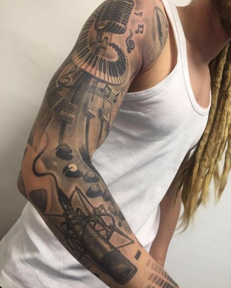 Music Sleeve Tattoo, Dj Tattoo, Music Sleeve, Angels Tattoo, Tattoo Fairy, Music Tattoo Sleeves, Tattoo Music, Omerta Tattoo, Men Tattoos