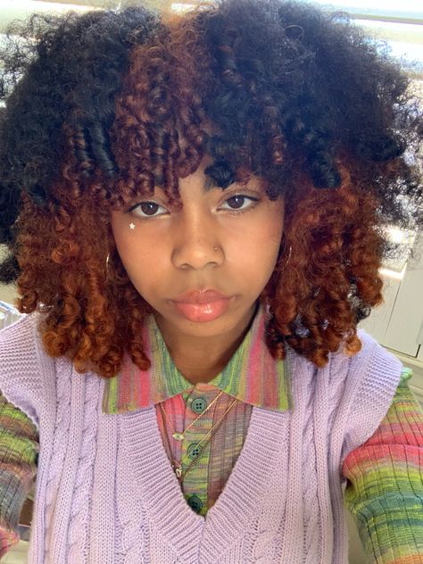 Dyed natural curly hair black girl ginger Ginger Ends On Black Hair, Dyed Curly Hair Ginger, Ginger 4c Natural Hair, Dyed Curly Hair Black Women, Ginger And Blue Hair, Curly Orange Hair, Dyed 4c Natural Hair, Ginger Curly Hair Black Women, Black And Ginger Hair