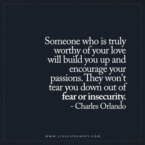 Someone who is truly worthy of your love will build you up and encourage your passions. They won't tear you down out of fear or insecurity. - Charles Orlando Insecure Men Quotes, Down Quotes, Live Life Happy, Work Quotes Funny, Super Funny Quotes, Up Quotes, Inspirational Quotes About Love, Work Quotes, Fun Quotes Funny