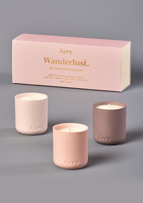 The Wanderlust set from Aery Living's Fernweh collection. These candles are inspired by the intense desire to travel and explore! Let our essential oil transport you to far off destinations. Combinations of fruity musky notes and rich spiced scents. Designed to fill your home with a long-lasting fragrance. Hand-poured into matte porcelain clay pots that are perfect for re-use. Why not use yours to grow indoor plants? This gift set includes three fragrances. Moroccan Rose - Rose, Bergamot and Pep Moroccan Rose, Decorative Candles, Three Candles, Soy Candle Making, Scented Candles Luxury, Candle Store, Candle Packaging, Fragrance Set, Candle Gift Set