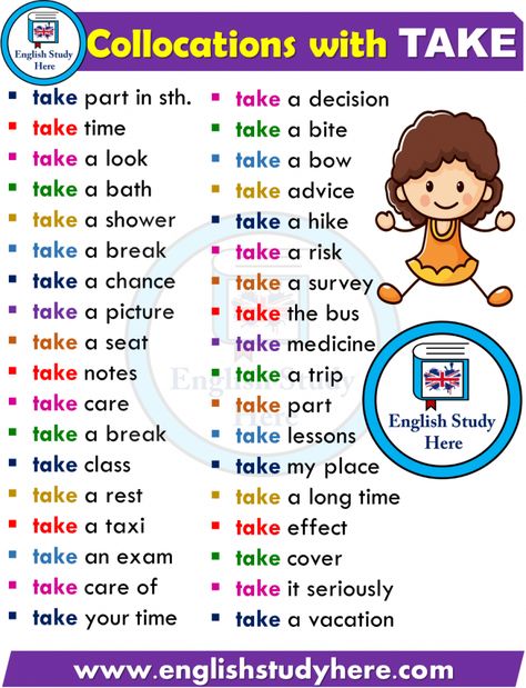 English Collocations with TAKE Collocations English, English Collocations, Teaching English Grammar, Conversational English, Phrasal Verbs, English Vocab, English Verbs, Learn English Grammar, English Language Teaching