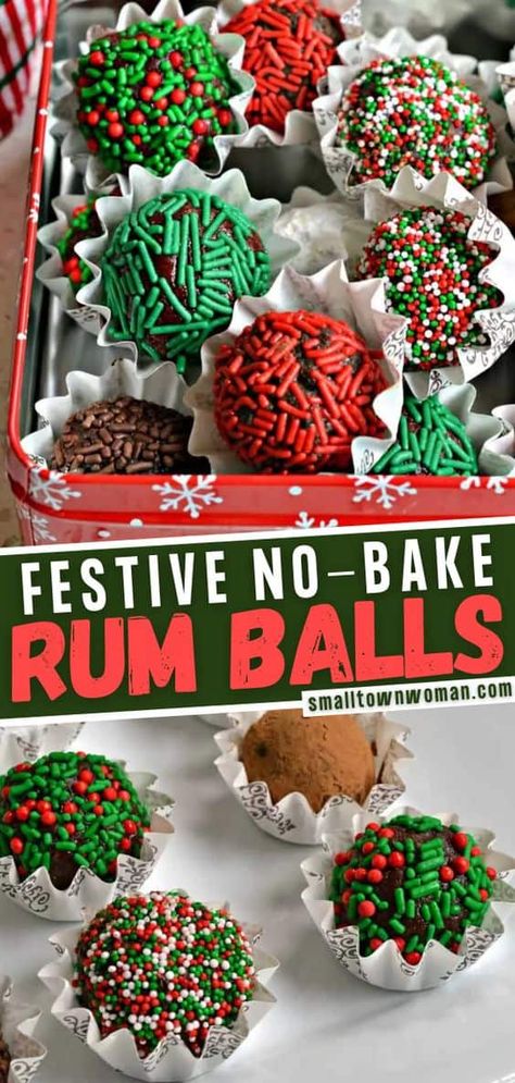 No-bake rum balls are a quick and easy treat made with only 6 ingredients in your food processor! This chocolate dessert recipe can be decorated to suit any occasion. It makes a great homemade food gift idea and a perfect addition on your Christmas cookie trays! Make this for the holidays! Holiday Baking Ideas Christmas, Baking Ideas Christmas, Christmas Dessert Gifts, Chocolate Rum Balls, Holiday Baking Ideas, Homemade Christmas Treats, Jul Mad, Holiday Baking Christmas, Best Christmas Desserts