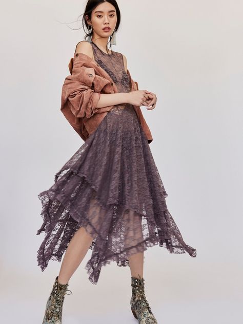 Ming Xi Wears Free People’s Boho Chic Looks | Fashion Gone Rogue Whimsy Dress, Ming Xi, Bohemian Dresses, Lace Slip Dress, Tall Boot, Lace Slip, Wooden Heel, Clothing Boutique, High Neckline