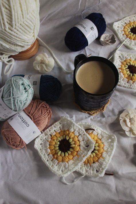 aesthetic photo of crochet granny squares, pink, blue, and white yarn, white flowers, and a cup of coffee on a white sheet. Crochet Vision Board Pictures, Crochet Materials Aesthetic, Crochet Aesthetic Photography, Crochet Instagram Story Ideas, Crochet Vibes Aesthetic, Crotecht Aesthetic, Creative Hobbies Aesthetic, Crochet Vision Board, Crochet Aesthetic Pictures