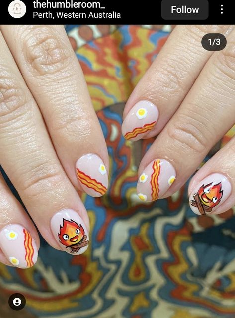 Studio Gibhili Nails, Calcifer Nail Art, Calcifer Nails, Simple Anime Nails, Studio Ghibli Nail Art, Howls Moving Castle Nails, Anime Themed Nails, Gamer Nails, Nerd Nails