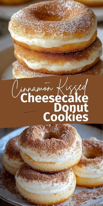 Cinnamon Kissed Cheesecake Donut Cookies  Ingredients:  For the Dough: 1 cup unsalted butter, softened 1 cup granulated sugar 2 large eggs 1 tsp vanilla extract 3 cups all-purpose flour 1 tsp baking powder 1/2 tsp salt  For the Cheesecake Filling: 8 oz cream cheese, softened 1/4 cup granulated sugar 1 tsp vanilla extract  For the Cinnamon Sugar Coating: 1 cup granulated sugar 1 tbsp ground cinnamon  For the Caramel Sauce (optional): 1 cup caramel sauce  #Cinnamon #Cheesecake #Donut #Cookies Cinnamon Kissed Cheesecake Donut Cookies, Cheesecake Donut, Dessert Bars Recipes Easy, Donut Cookies, Desserts Cheesecake, Snickerdoodle Cheesecake, Cream Filled Donuts, Cinnamon Cheesecake, Easy Bar Recipes