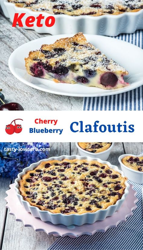 A classic and rustic French dessert. So easy to make – it is much like a baked fruit covered pancake. Keto Cherry Blueberry Clafoutis, Keto Cherry Dessert Recipes, Cafloutis Cherry, Low Carb Cherry Dessert, Keto Cherry Recipes, Keto Cherry Dessert, Keto Clafoutis, Low Carb Blueberry Recipes, Keto Puddings