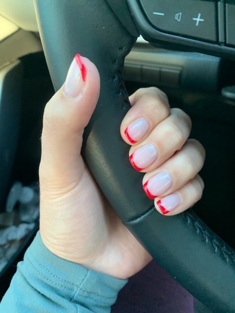 Short Red French Tip Nails- Gel Nails- Spring Red French Nails Short, Short Red French Tip, Valentines Nails Designs Pink, Short Red French Tip Nails, Red French Nails, Red French Manicure, Red Tip Nails, Gel French Tips, Short Red Nails