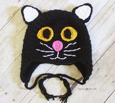 Crochet Black Cat Hat - Repeat Crafter Me Crochet Black Cat, Cat Hat Pattern, Kat Haken, Crochet Pour Halloween, Pola Topi, Crochet Character Hats, Crochet Animal Hats, Crochet Cat Hat, Chat Crochet