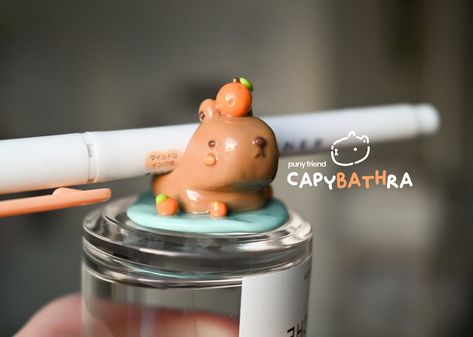 Capybara Pottery, Desk Friends Clay, Polymer Clay Pen Holder, Desk Friend Clay, Polymer Clay Desk Buddies, Clay Desk Buddies, Clay Capybara, Desk Friend, Hot Spring Bath