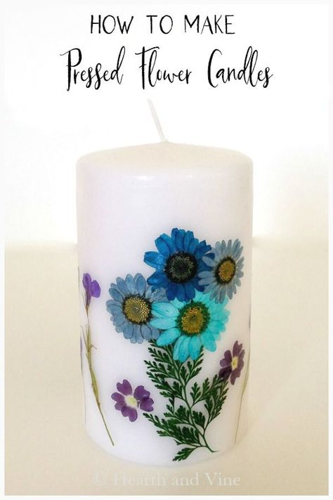 You only need a few materials to make these gorgeous pressed flower candles. A great family project, girls night out craft and a wonderful gift to any flower lover. Diy Dried Flower Candles, Pressed Flowers On Candles, Pressed Flower Candles Diy, Diy Flower Candles, Pressed Flower Candles, Diy Candles With Flowers, Woodlands Wedding, Dried Flower Candles, Dollar Store Candles