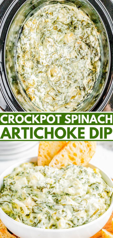 Crockpot Spinach Artichoke Dip - Creamy, cheesy, and best of all SO EASY! Add the spinach, artichokes, mozzarella, and Parmesan to your slow cooker and let it do all the work! All you have to do is stir, serve, and watch everyone devour the dip! It's better than any restaurant version and perfect for holiday entertaining, Christmas and New Year's parties, Super Bowl, or anytime you need the BEST spinach and artichoke dip! Easy Crockpot Spinach Artichoke Dip, Crockpot Spinach Artichoke Dip, Easy Spinach Artichoke Dip, Cheesy Dip Recipes, Slow Cooker Spinach Artichoke Dip, Crockpot Spinach, Spinach Artichoke Dip Easy, Best Spinach Artichoke Dip, Spinach Artichoke Dip Recipe