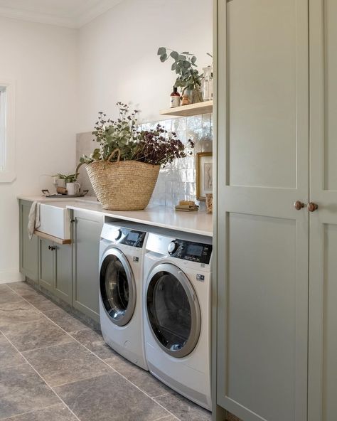 Modern Farmhouse Utility Room, Farmhouse Utility Room, Laundry Farmhouse, Modern Farmhouse Laundry, Laundry Room/mudroom, Stacked Laundry Room, Green Laundry, Dream Laundry Room, Mudroom Laundry Room