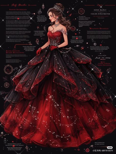 Bookish Ball Gowns, Ballgown Dresses Princess, Ballgown Drawing, Fantasy Princess Outfit, Fantasy Ball Gowns, Red Fantasy Dress, Ball Gowns Red, Fantasy Ballgown, Fantasy Dress Drawing