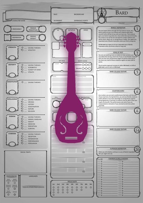 Class Character Sheets - The Bard - Dungeon Masters Guild | Dungeon Masters Guild Dnd Bard Character Sheet, Bard Character Sheet, Dnd Tables, D D Character Sheet, Bard Character, Kobold Press, Dnd Bard, Dnd Things, Dnd Character Sheet