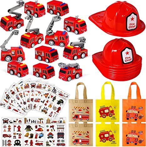 Amazon.com: Lorfancy 48 Pcs Firefighter Party Favors Fire Truck Toy Kids Boys Helmets Hats Stickers Bag Accessories Toddler Fireman Birthday Party Supplies Gifts : Toys & Games Firetruck Party Favors, Fireman Birthday Party, Fire Truck Birthday Party, Fire Truck Birthday, Birthday Party Goodie Bags, Fireman Party, Firetruck Birthday Party, Fire Truck Party, Firefighter Party