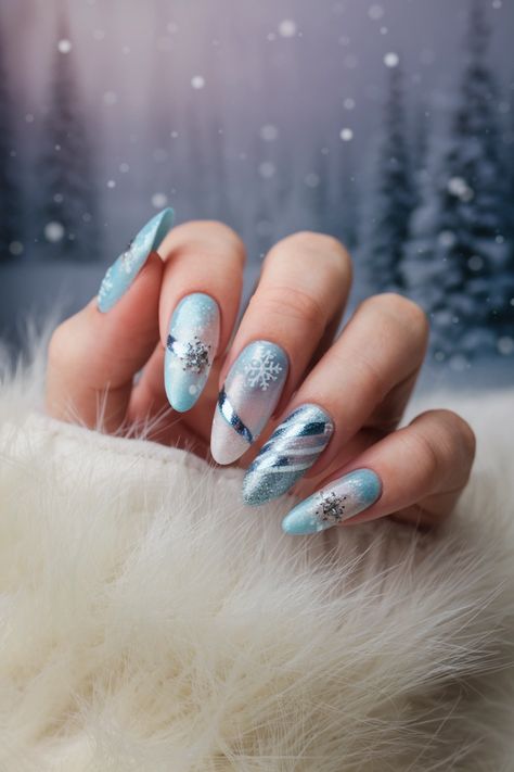 Embrace the season with these elegant almond nails that perfectly blend winter charm and trendy style. The soft curve of the almond shape enhances nail art possibilities, whether you opt for a classic French tip or a cute, frosted design adorned with tiny rhinestones. These pretty almond nails are perfect for casual outings or festive gatherings, ensuring your manicure feels both classy and fun. Discover this winter inspo today! #AlmondNails #NailArt #WinterNails #TrendyNails #NailInspo Blue Christmas Nails Almond, Pretty Almond Nails, Christmas Nails Almond, Elegant Almond Nails, Classic French Tip, Simple Nail Art, Minimalist Nail, December Nails, Minimalist Nail Art