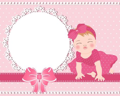 Children's greeting card with a cute baby girl and a lace template with a bow for text. Design for newborns. Illustration, vector. Welcome To Christian World Tarpaulin, Lace Template, Christmas Mini Shoot, Barbie Birthday Invitations, Welcome Baby Cards, Baby Art Projects, Welcome Card