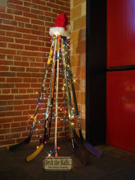 Elf Hockey Ideas, Hockey Stick Furniture, Hockey Stick Crafts, Hockey Family, Hockey Diy, Hockey Crafts, Hockey Christmas, Hockey Decor, Hockey Room