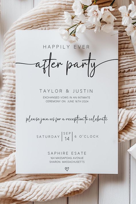 Celebrate your love with our elegant Elopement Reception Invitation Download, perfect for announcing your post-elopement celebration! Our beautifully designed Elopement After Invites make it easy to invite your loved ones to share in your joy at your intimate Elopement After Party. Whether you're hosting a casual get-together or a grand affair, these Happily Ever After Party Invites will set the tone for a memorable event, offering a seamless, stylish way to spread the word about your special day. Please note this is a DIGITAL PRODUCT - nothing will be shipped to you. By purchasing this listing you are agreeing to our terms and conditions. Please read the listing description below before placing your order. WHAT YOU WILL RECEIVE: - Editable 5"x7" Elopement Reception Invitation Download HOW After The Wedding Celebration Invitation, Post Elopement Invitations, Reception After Destination Wedding Invitations, Post Elopement Reception Invitations, Eloped Wedding Reception, Celebration Of Marriage Party Ideas, Reception After Eloping Invitations, Marriage Celebration Party Ideas, Post Wedding Reception Ideas