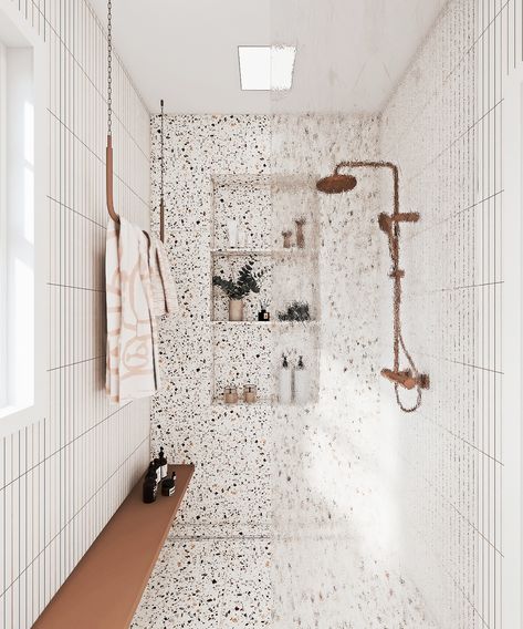 Terrazo Tiles Bathroom, Terrazzo Tiles Bathroom, Terrazzo Bathroom Design, Terrazo Tile, Bathroom Terrazzo, Unique Bench, Terrazzo Bathroom, Romantic Minimalist, Copper Hardware