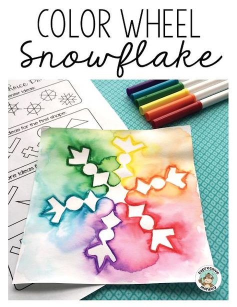 This color wheel snowflake is the perfect way to teach about color and also have a little fun with a winter activity.  See step by step how to draw a snowflake and use markers to blend the colors into a beautiful color spectrum. #colorwheel #snowflakedrawing #artlessons #winterdrawing Winter Tessellations, Grade 5 Winter Art, 3rd Grade Winter Crafts, Color Wheel Art Projects Elementary, Snowflake Activity, January Art Projects For Kids, Draw A Snowflake, Winter Activity For Kids, Painting Snowflakes