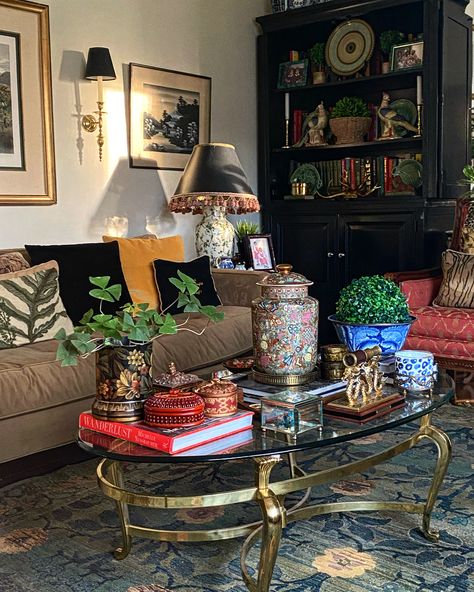 Jackie Schimmel Home, Eclectic Pillows On Couch, Neutral Maximalist Decor, Sophisticated Eclectic Decor, Nursing School Essentials, Traditional Eclectic Decor, Nyc Rooms, Rococo Interior, Junk Garden