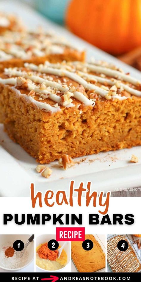 Collage of pumpkin bars. Recipe With Applesauce, Pumpkin Bars Recipe, Recipe With Pumpkin, Healthy Pumpkin Bars, Easy Pumpkin Bars, Pumpkin Bar, Apple Bars, Thanksgiving Cakes, Pumpkin Pie Bars