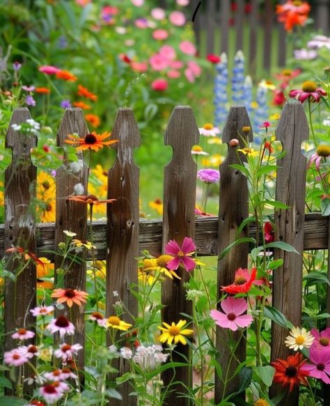 Garden With Fence, Fence Art Ideas, English Flower Garden, Spring Garden Decor, Herbal Garden, Garden Fence Art, English Garden Design, Garden Fence Ideas, Picket Fences